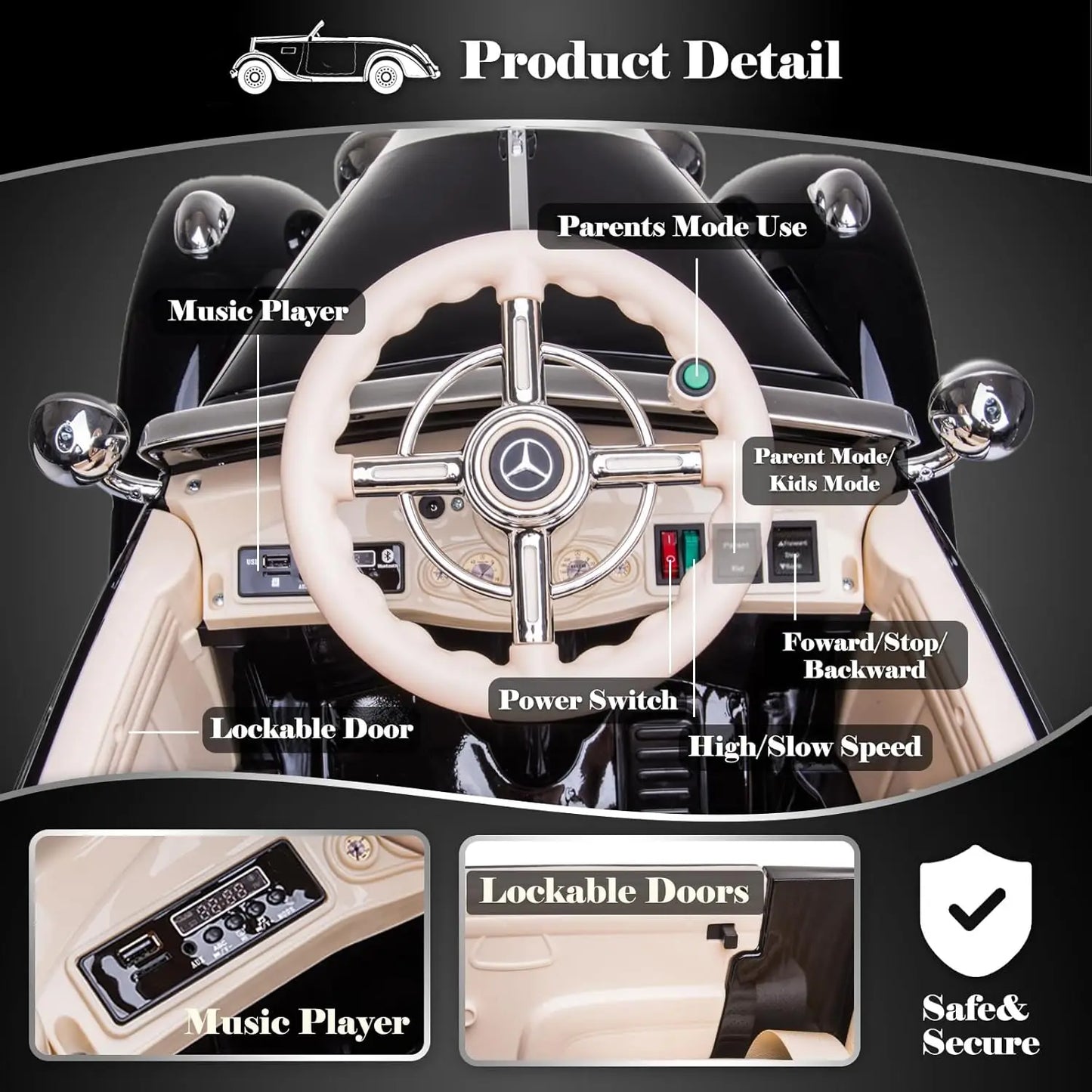 12V Mercedes-Benz Vintage Kids Ride-On Car w/ Remote – 220lbs