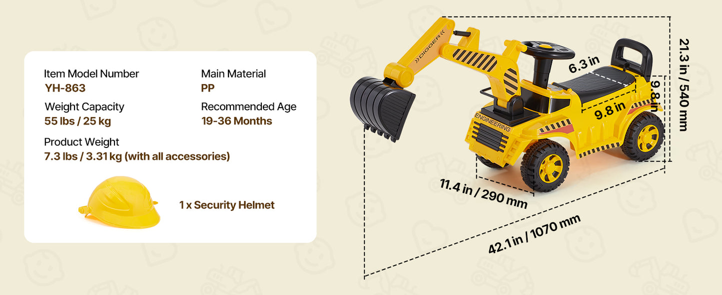 Toddler Ride-On Excavator | Foot-to-Floor Digger with Helmet | Kids Rider