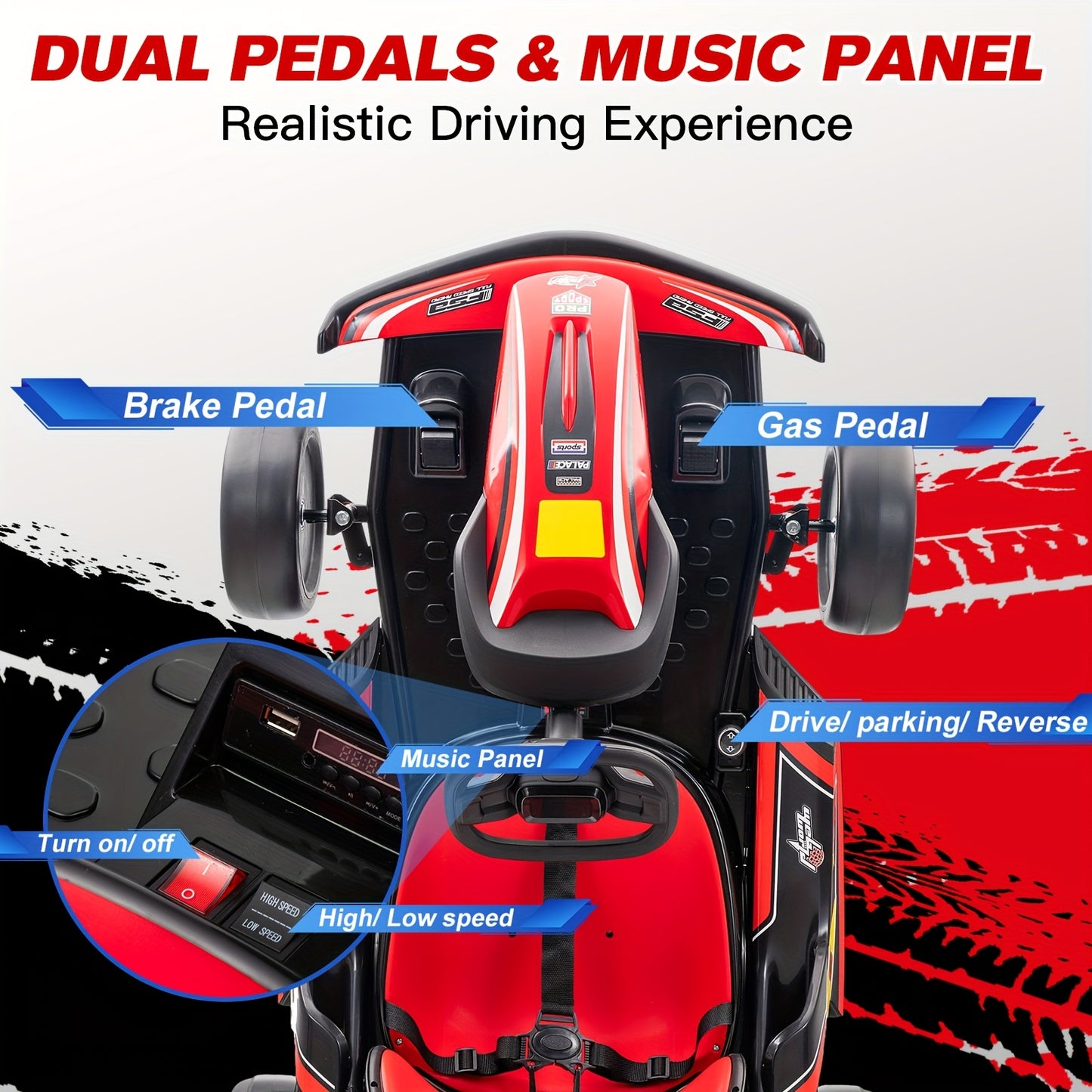 MUKIDY 24V Electric Drift Go Kart for Kids w/ Music & Safety Belt