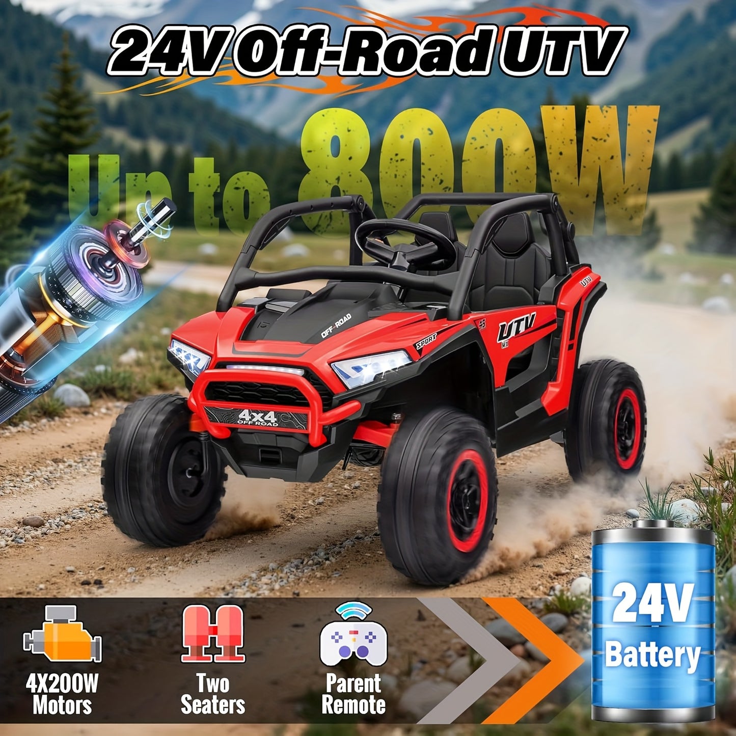 24V XL Kids Electric UTV Children Ride - 2 Seater Off-Road Ride-On W/ Parent Remote Control, 4WD & LED Lights - Extra Large Seat for Ages 3-10