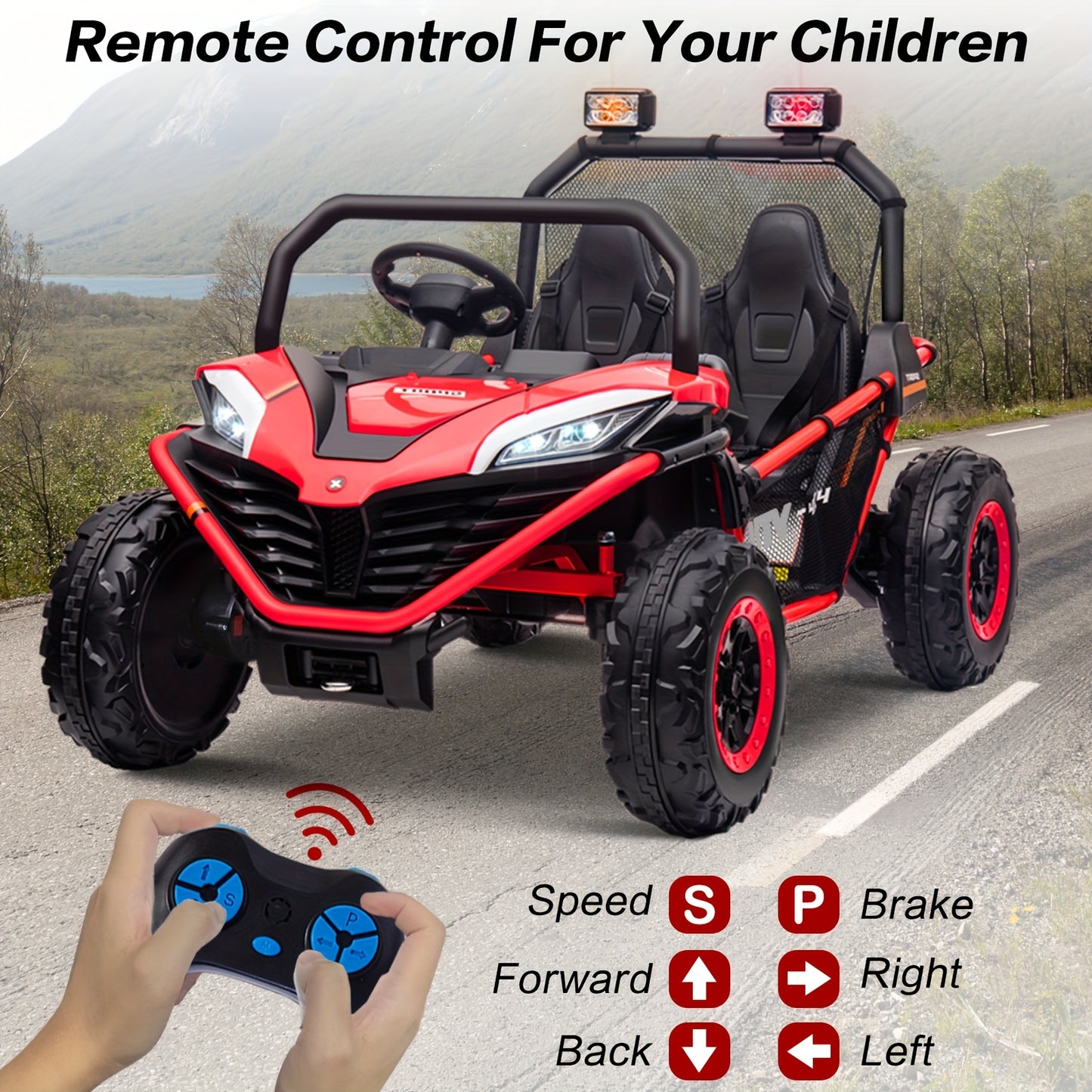 Kids Electric UTV - 4WD Electric UTV for Kids - 24V with Parent Remote Control, Safety Belts, Bright LED Lights, All-Terrain Tires, Parent Control Lock - Red/Blue Off-Road Vehicle for Boys & Girls Ages 3+
