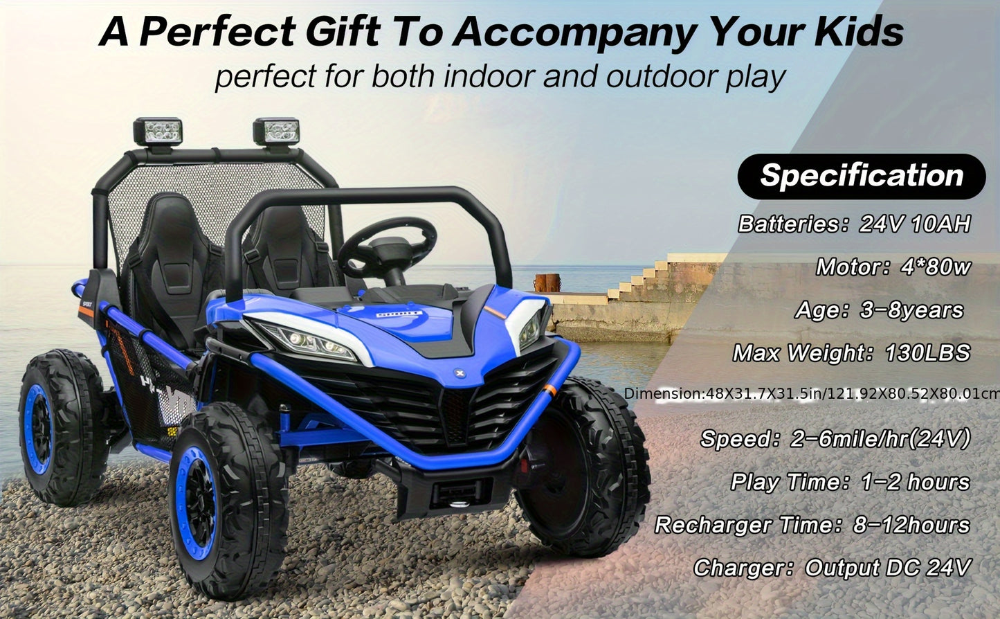 Kids Electric UTV - 4WD Electric UTV for Kids - 24V with Parent Remote Control, Safety Belts, Bright LED Lights, All-Terrain Tires, Parent Control Lock - Red/Blue Off-Road Vehicle for Boys & Girls Ages 3+