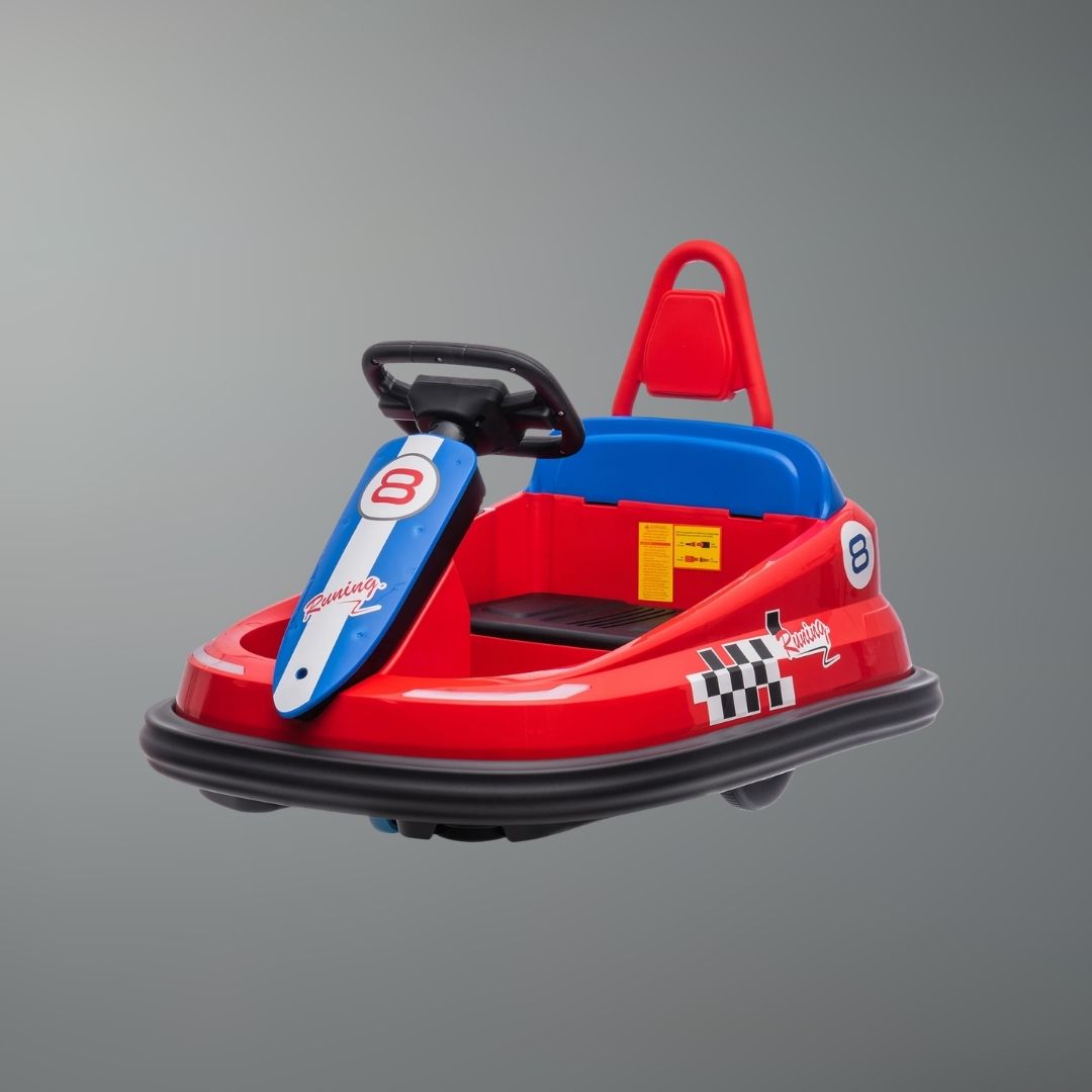 Red bumper car with blue seat on a gray background