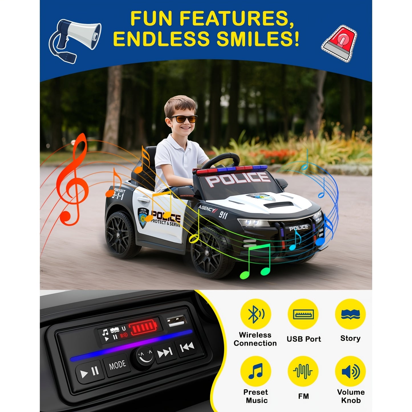 JOYSTROLL 12V Kids Police Ride-On Car w/ Remote, Siren & Music | 1-Seater