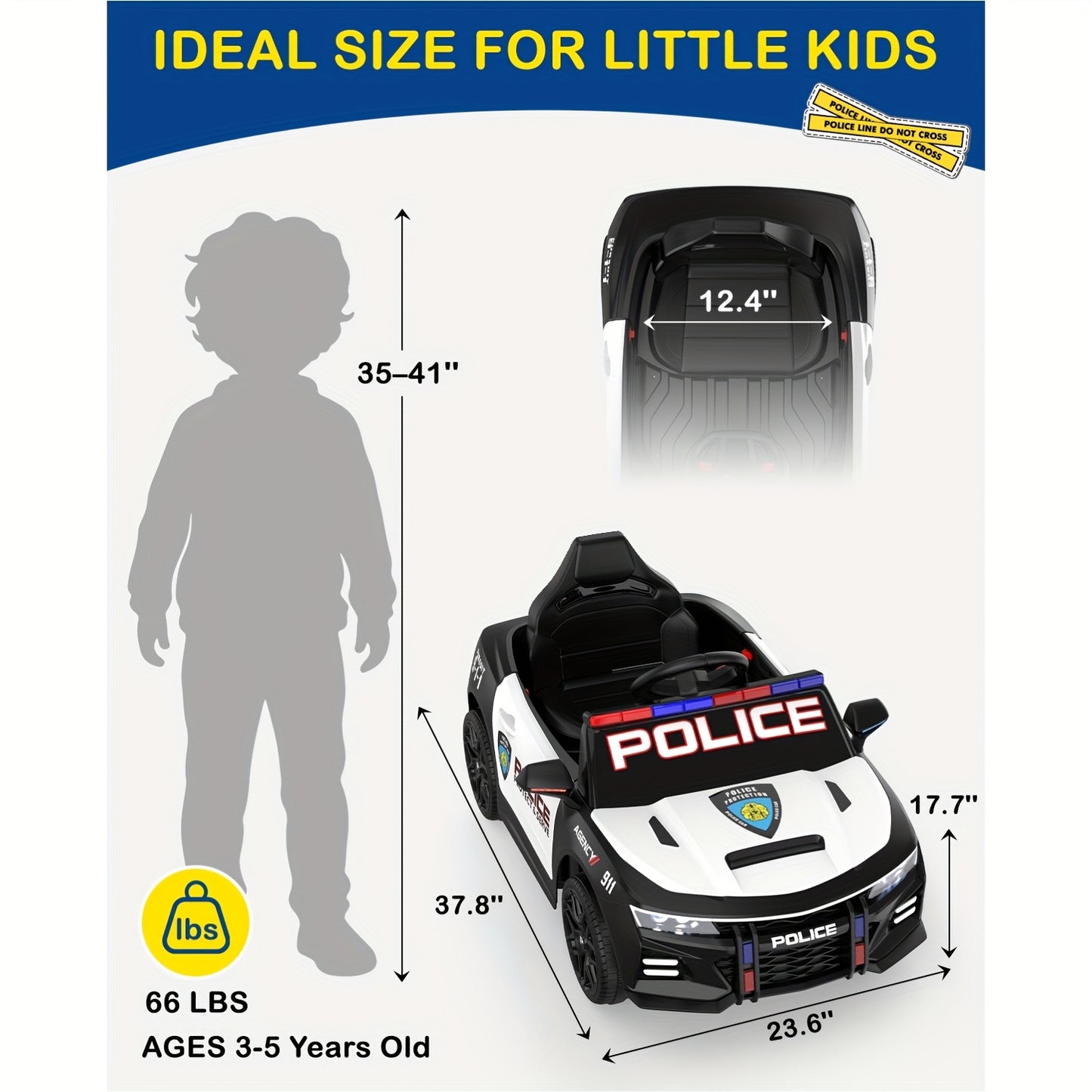 JOYSTROLL 12V Kids Police Ride-On Car w/ Remote, Siren & Music | 1-Seater