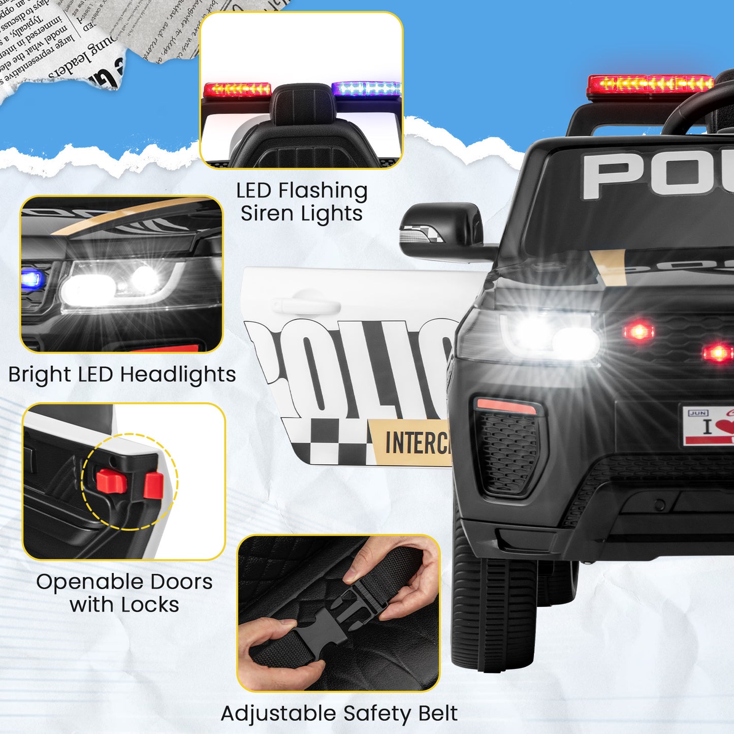 COSTWAY 12V Kids Police Ride-On Car w/ Remote & Siren | 1-Seater