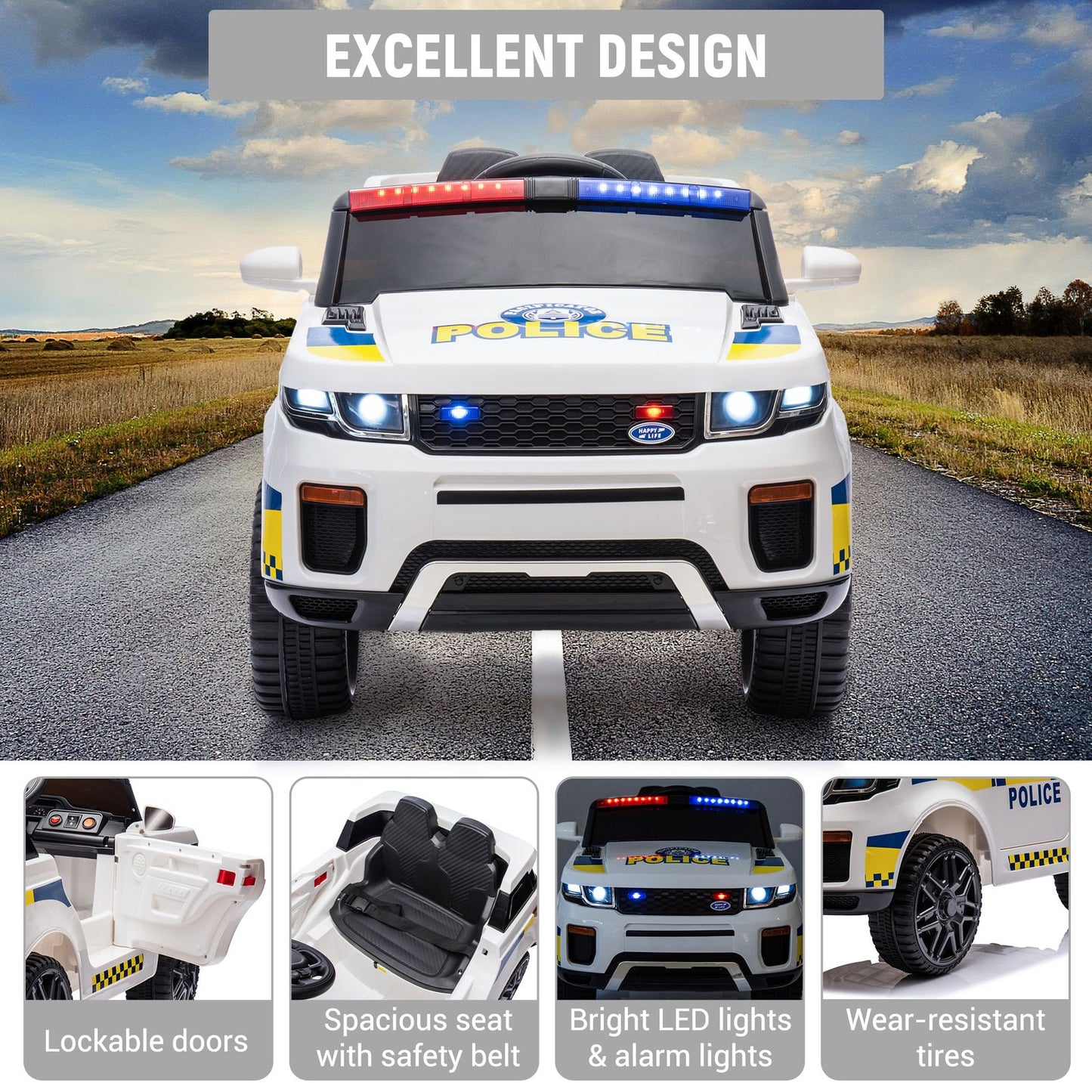 GAOMON 12V Kids Police Ride-On Truck w/ Remote, Lights & Music | 1-Seater