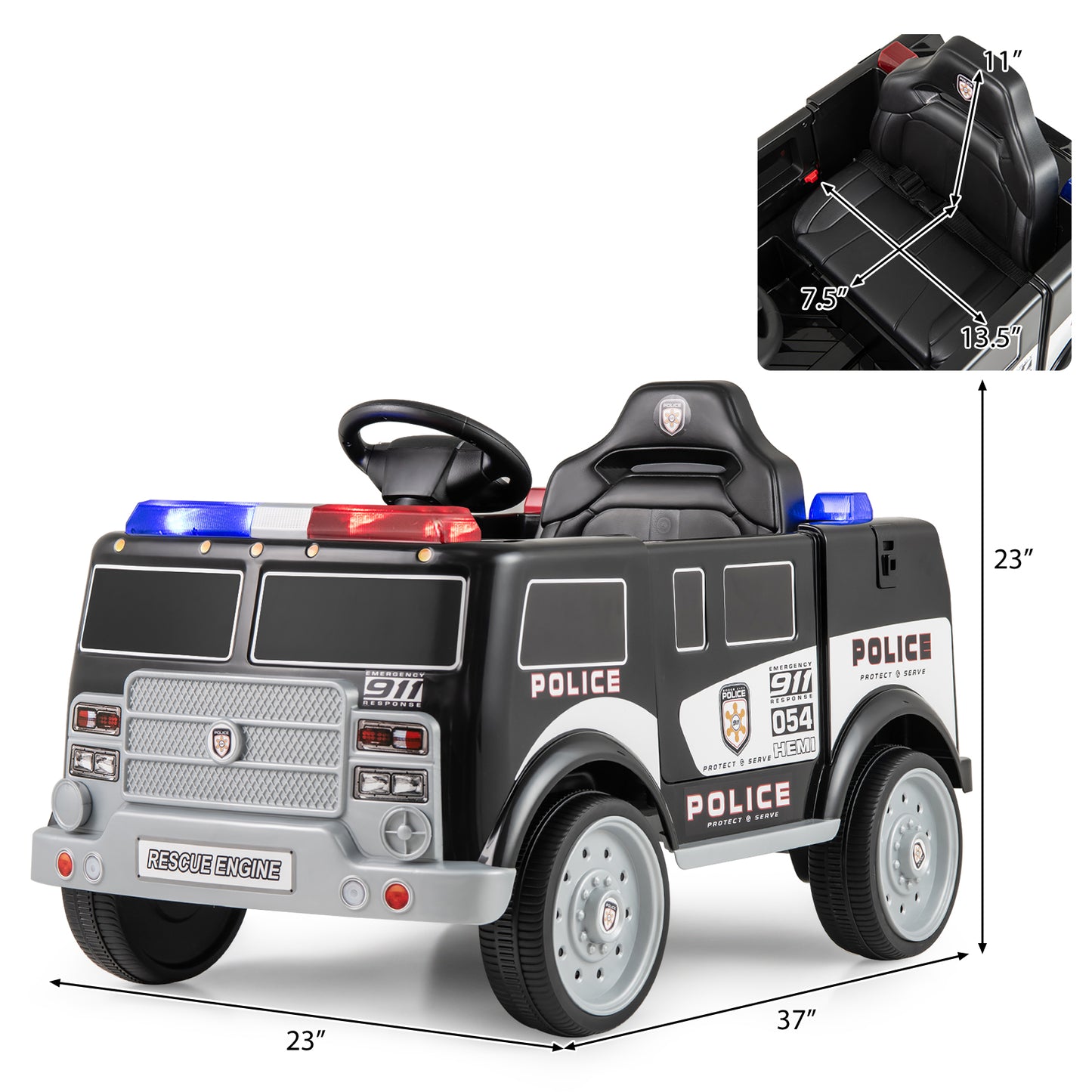 COSTWAY 12V Kids Police Ride-On Truck w/ Siren, Music & Storage | 1-Seater
