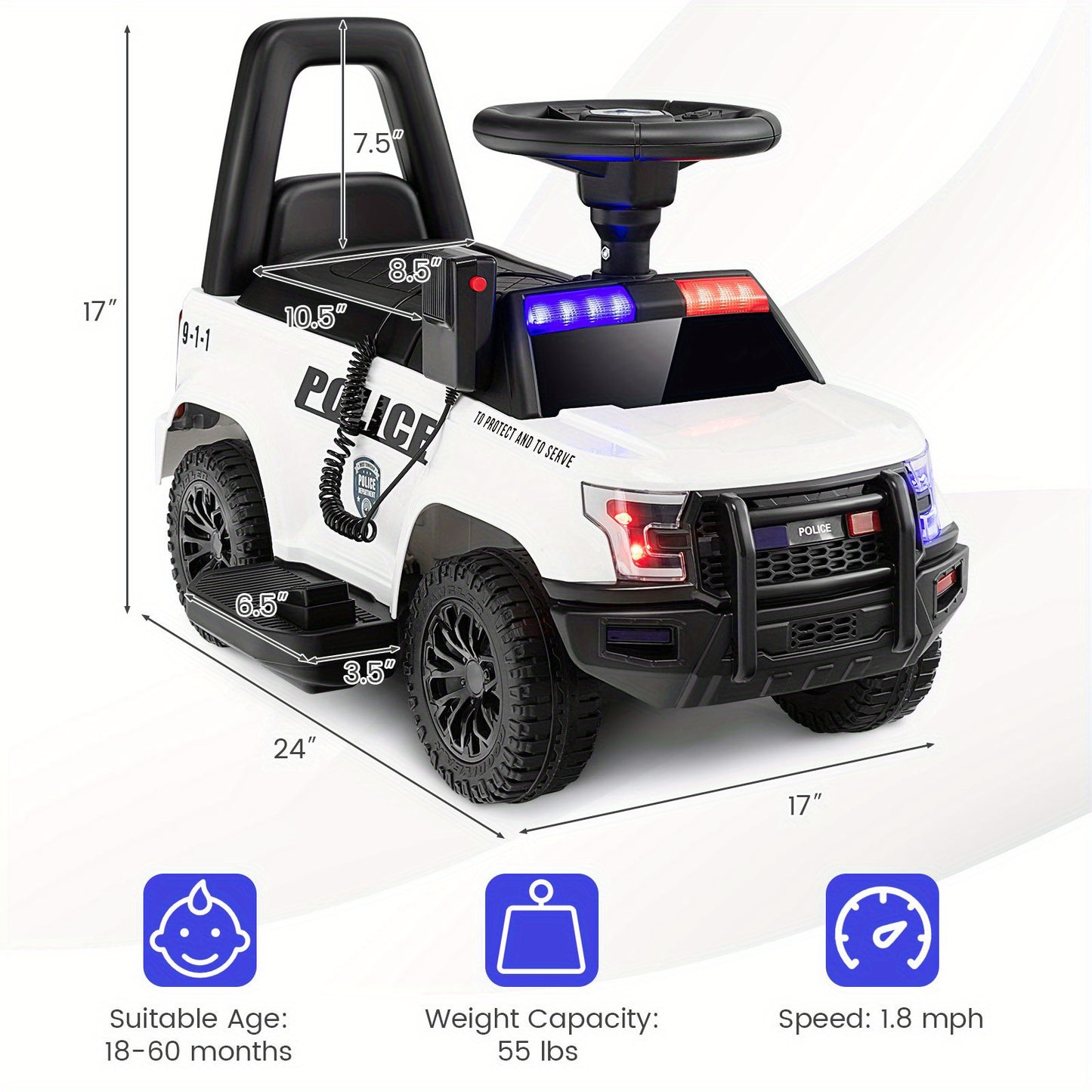 COSTWAY 6V Toddlers Police Ride-On Car( for Small Kids) - w/ Megaphone & Remote | 1-Seater