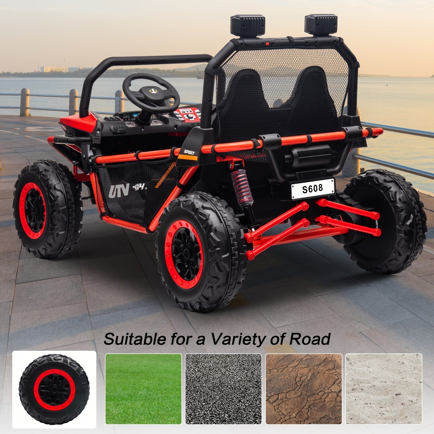 Kids Electric UTV - 4WD Electric UTV for Kids - 24V with Parent Remote Control, Safety Belts, Bright LED Lights, All-Terrain Tires, Parent Control Lock - Red/Blue Off-Road Vehicle for Boys & Girls Ages 3+