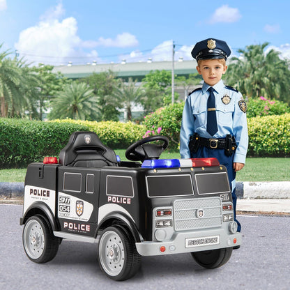 COSTWAY 12V Kids Police Ride-On Truck w/ Siren, Music & Storage | 1-Seater