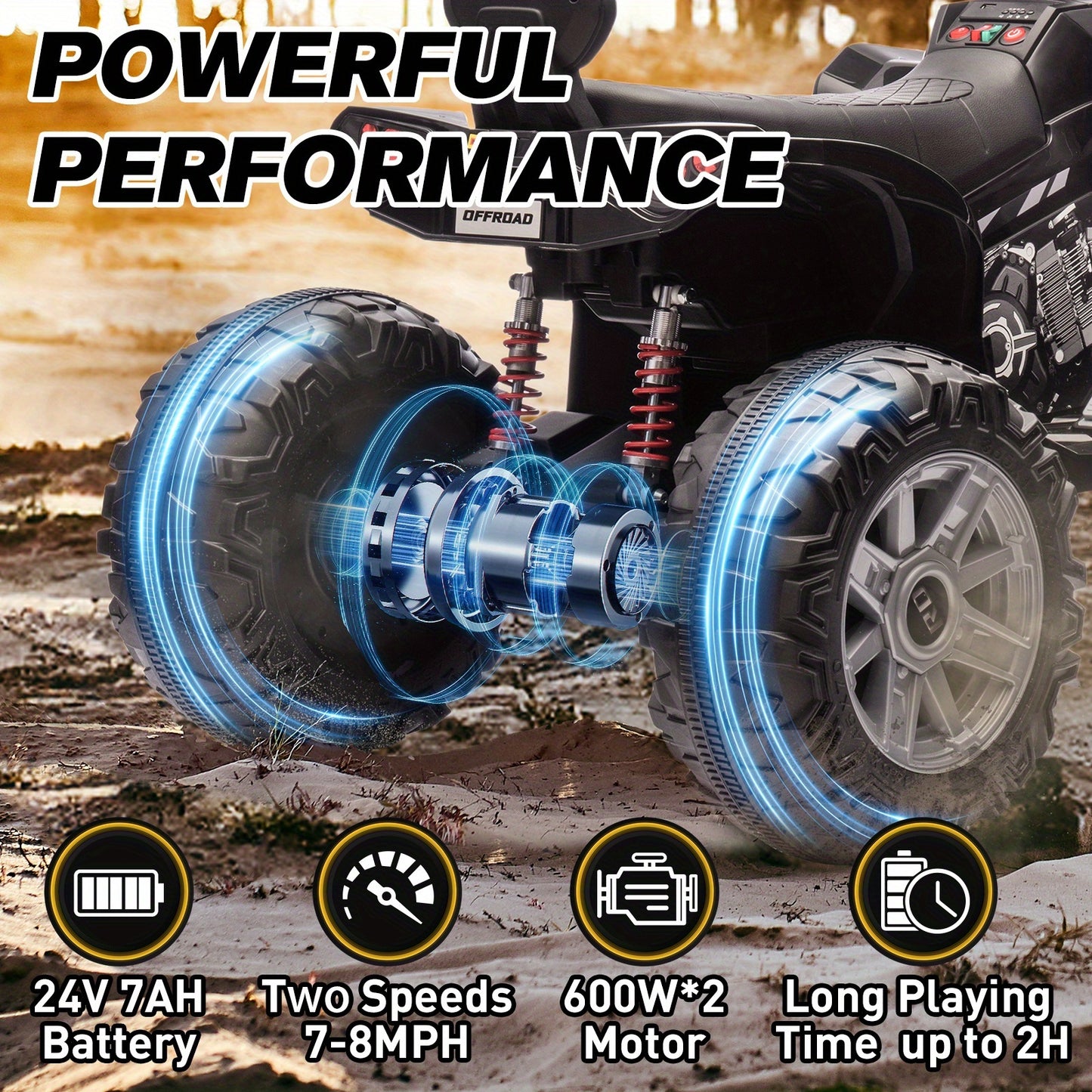 24V Kids Electric ATV for Kids | 4-Wheeler Drive ATV | Battery Powered Electric Vehicle for Kids | Music,Spring Suspension