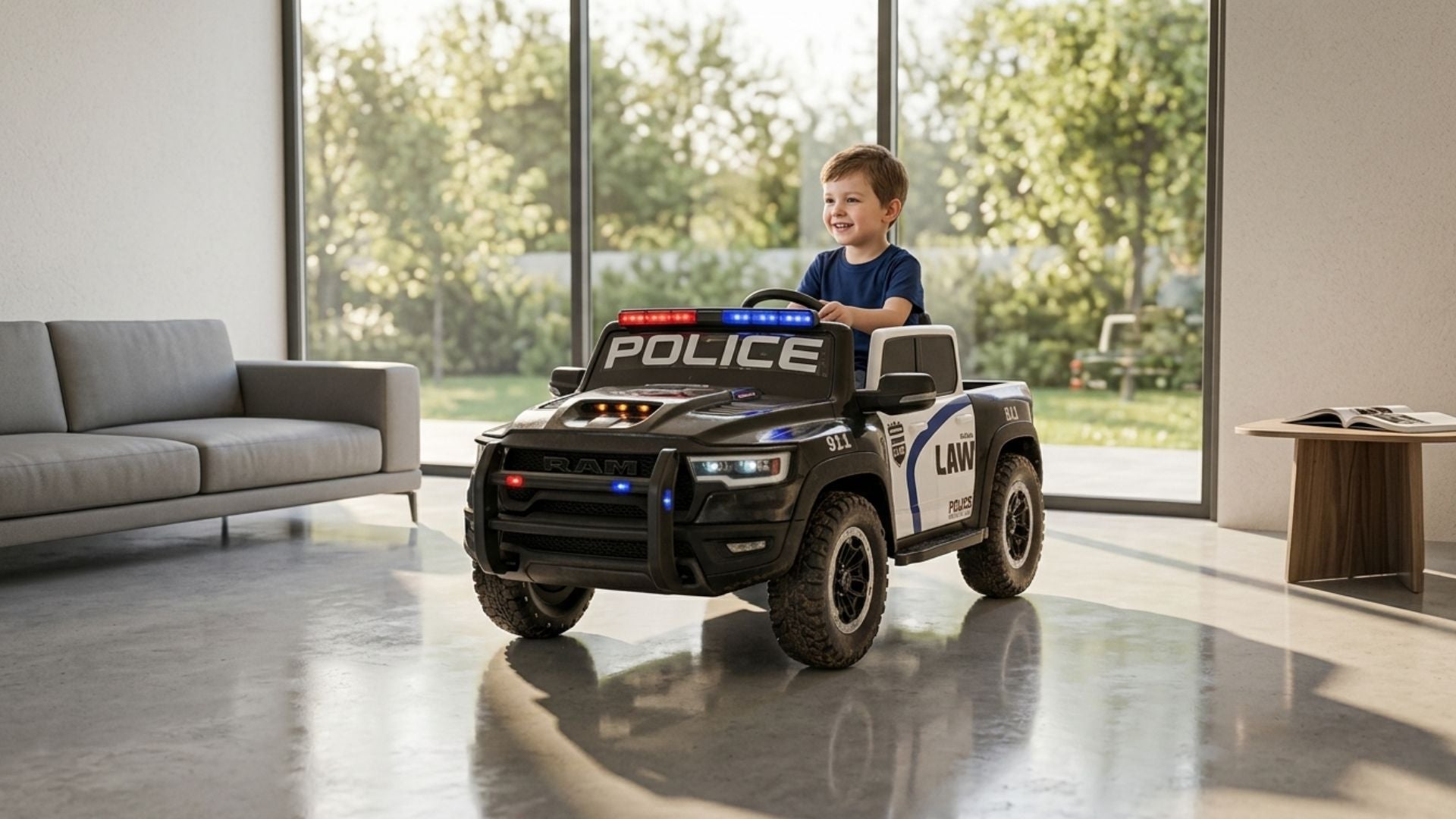 Young boy driving a black Kids Rider police truck in a modern living room.