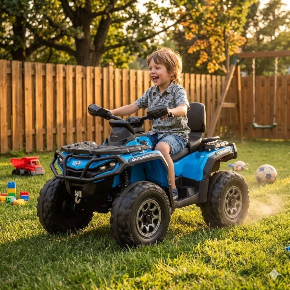 Laughing young boy riding a blue Kids Rider Outlander ATV in a sunny backyard.
