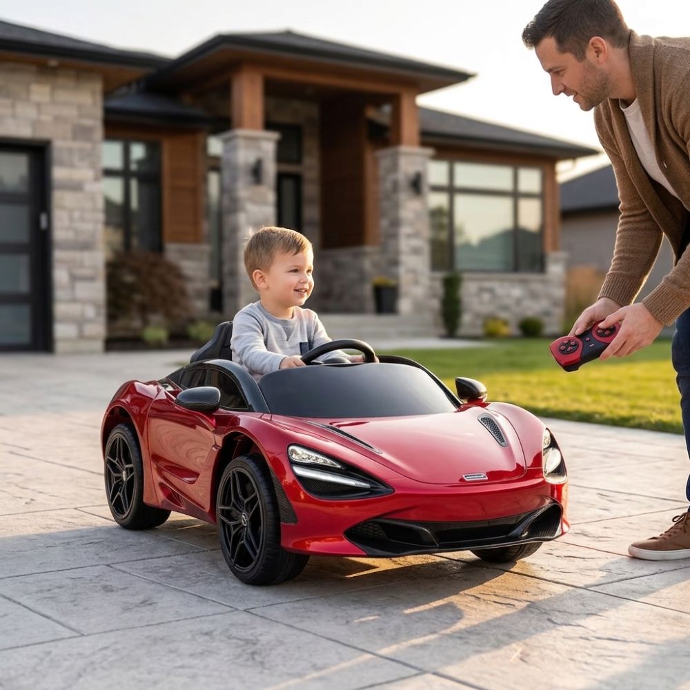 Child playing with a red toy car on a driveway, with an adult nearby.