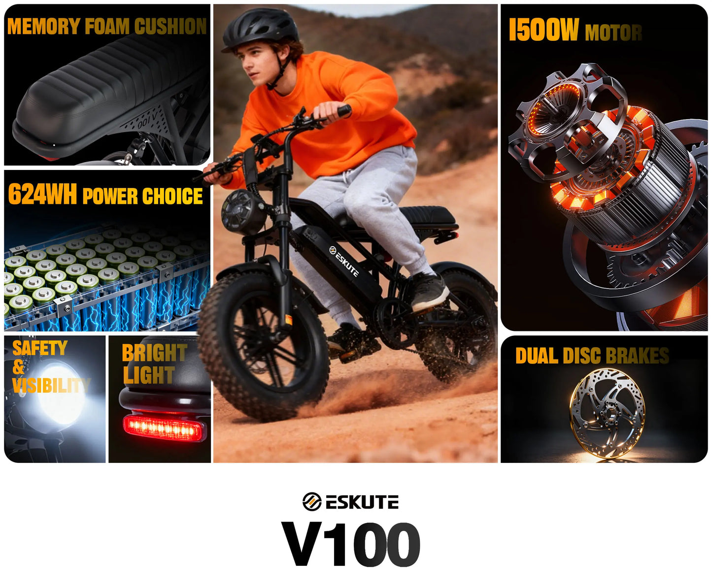 ESKUTE V100 Electric Dirt Bike | 1500W Peak | 48V 13Ah | 28 MPH| 60-Mile Range | Kids Rider