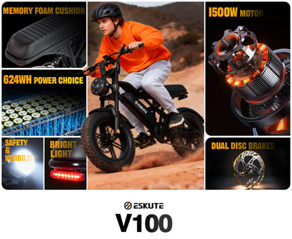 ESKUTE V100 Electric Dirt Bike | 1500W Peak | 48V 13Ah | 28 MPH| 60-Mile Range | Kids Rider