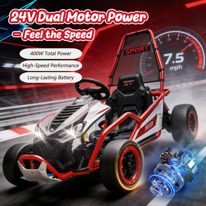 24V Crazy Drift Go Kart | 400W Powerful Ride-On | 5–7.5 MPH W/Protective Roll Cage & EVA Front Tires( Age: 5-14Y)