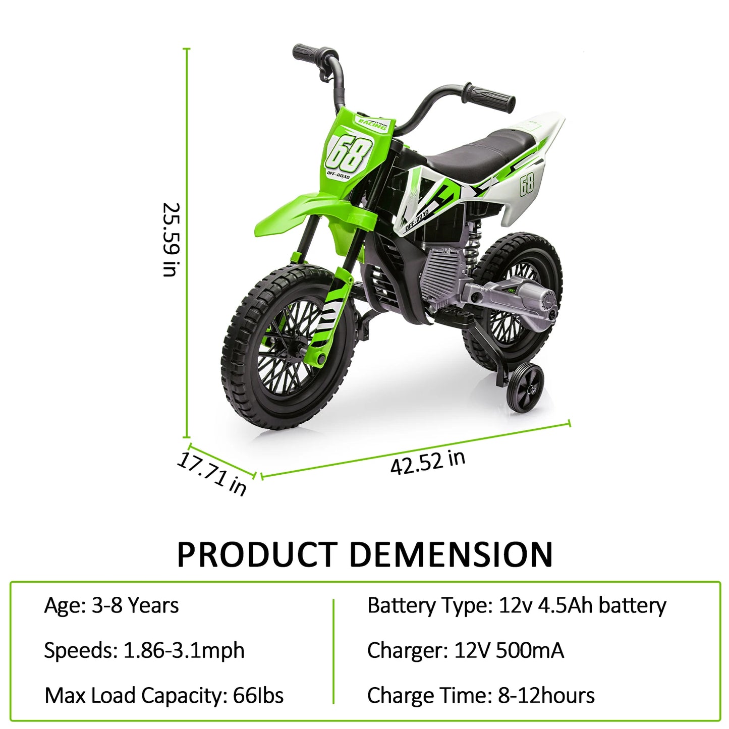 12V Kids Electric Dirt Bike w/ Training Wheels & Music | Safe Ride-on Motorcycle for Children(Age: 3 to 6Y)