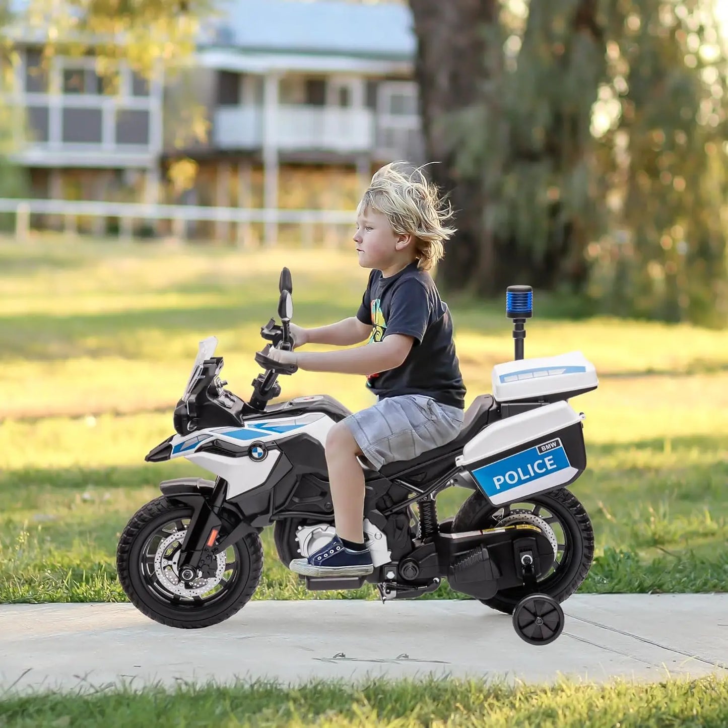 12V Kids Ride on Police Motorbike | Electric Cops Motorcycle with Training Wheels & Siren