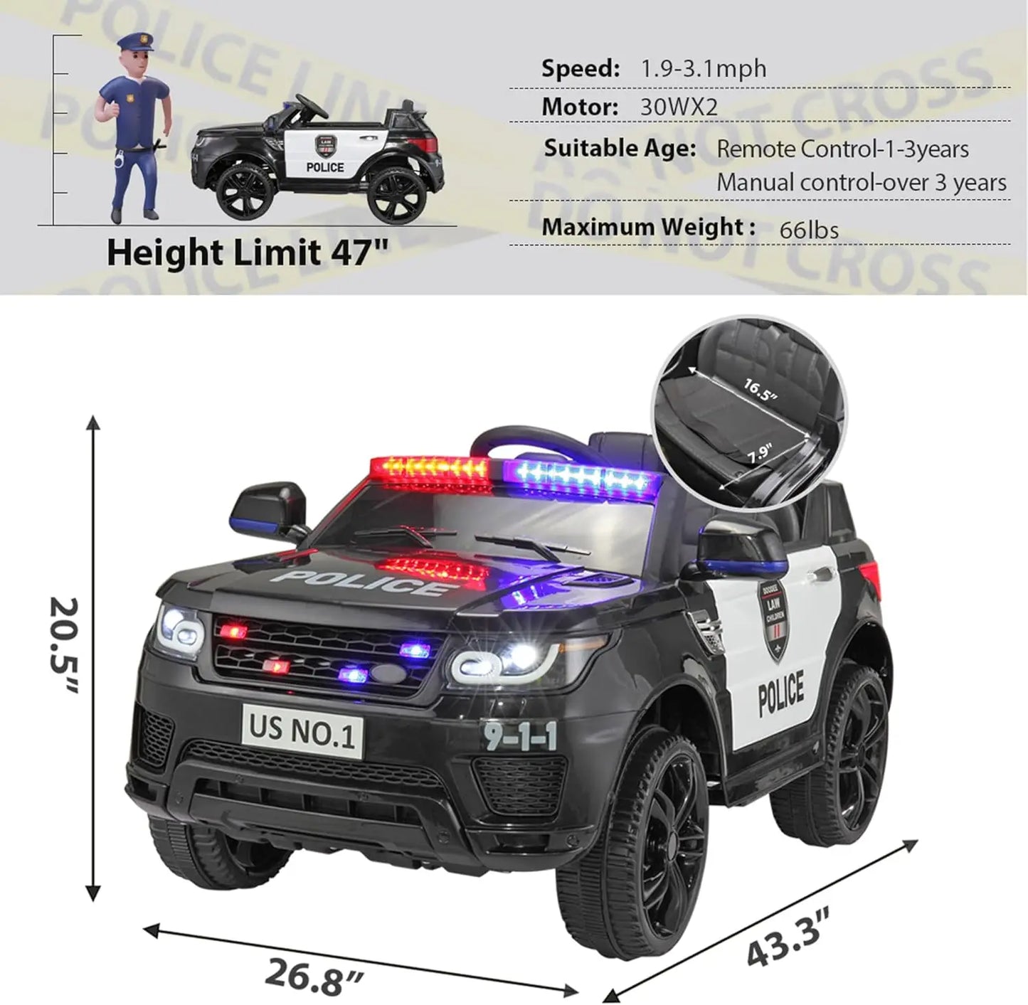 12V Kids Police SUV Ride-On w/ Remote, Siren & LED Lights | 1-Seater
