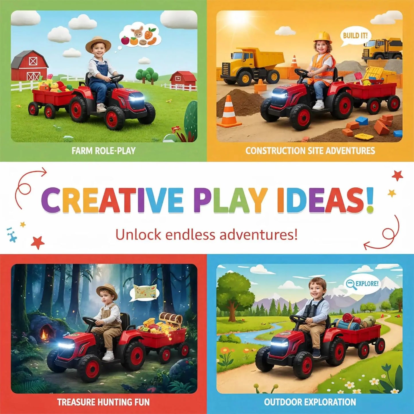 12V Kids Ride-On Tractor with Trailer (Ages 3–8) | Toddlers Ride on Tractor with Detachable Trailer