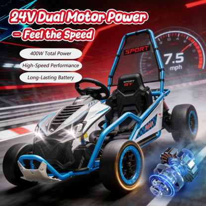 24V Crazy Drift Go Kart | 400W Powerful Ride-On | 5–7.5 MPH W/Protective Roll Cage & EVA Front Tires( Age: 5-14Y)