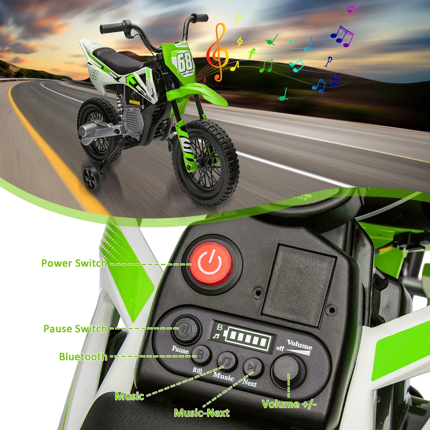12V Kids Electric Dirt Bike w/ Training Wheels & Music | Safe Ride-on Motorcycle for Children(Age: 3 to 6Y)