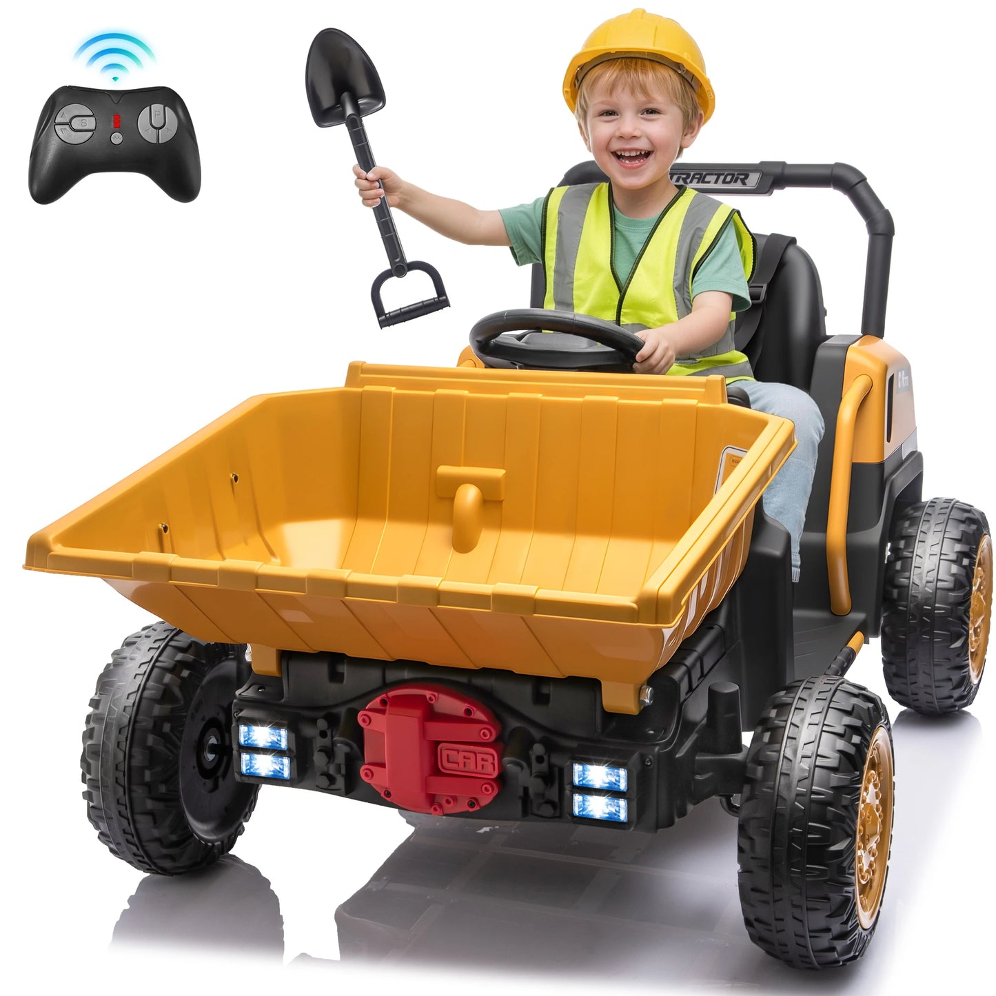 24V Kids Ride-On Dump Truck w/ Remote, Metal Frame , Dump Bed & Shovel (Age: 3 to 9Y)
