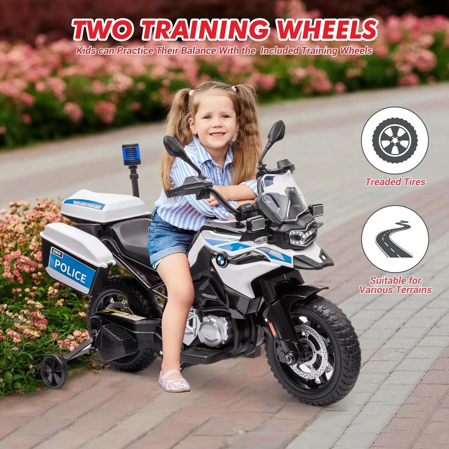 12V Kids Ride on Police Motorbike | Electric Cops Motorcycle with Training Wheels & Siren