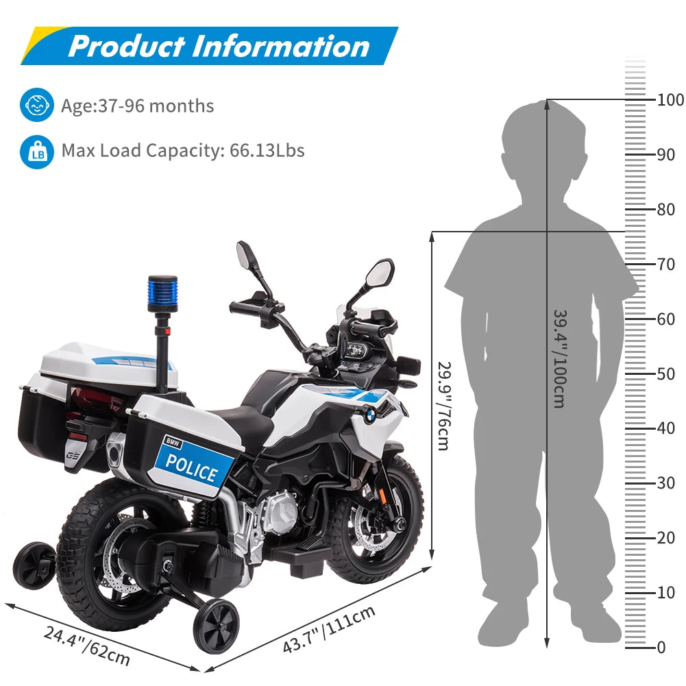 12V Kids Ride on Police Motorbike | Electric Cops Motorcycle with Training Wheels & Siren
