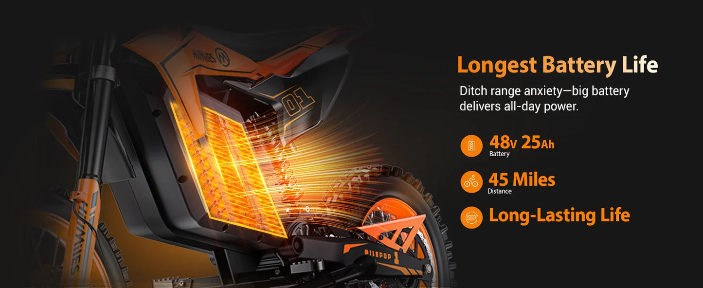 48V HillMiles MilePop Electric Dirt Bike for Teens Adults with Dual Suspension, Hydraulic Brakes, Off-Road Tires