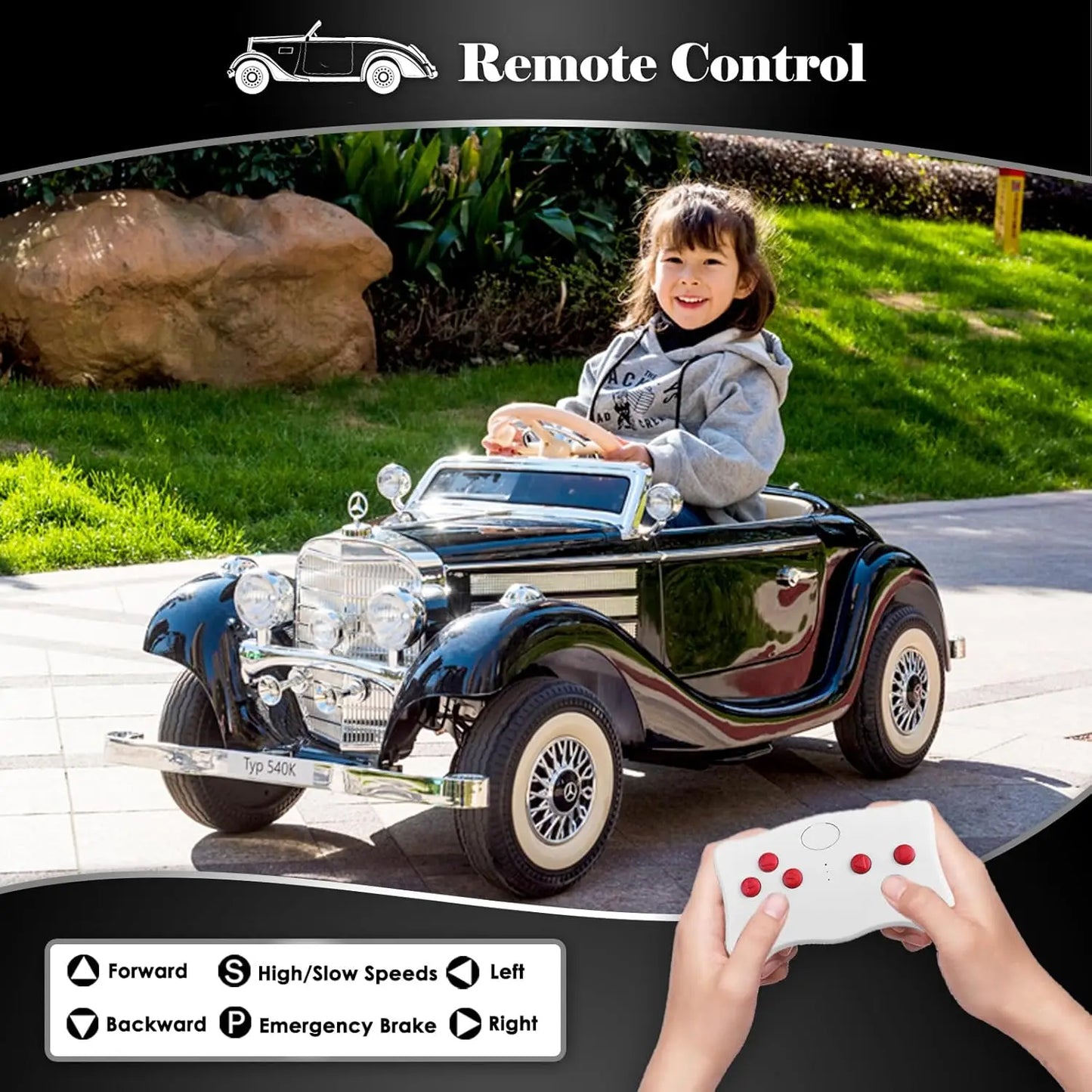 12V Mercedes-Benz Vintage Kids Ride-On Car w/ Remote – 220lbs
