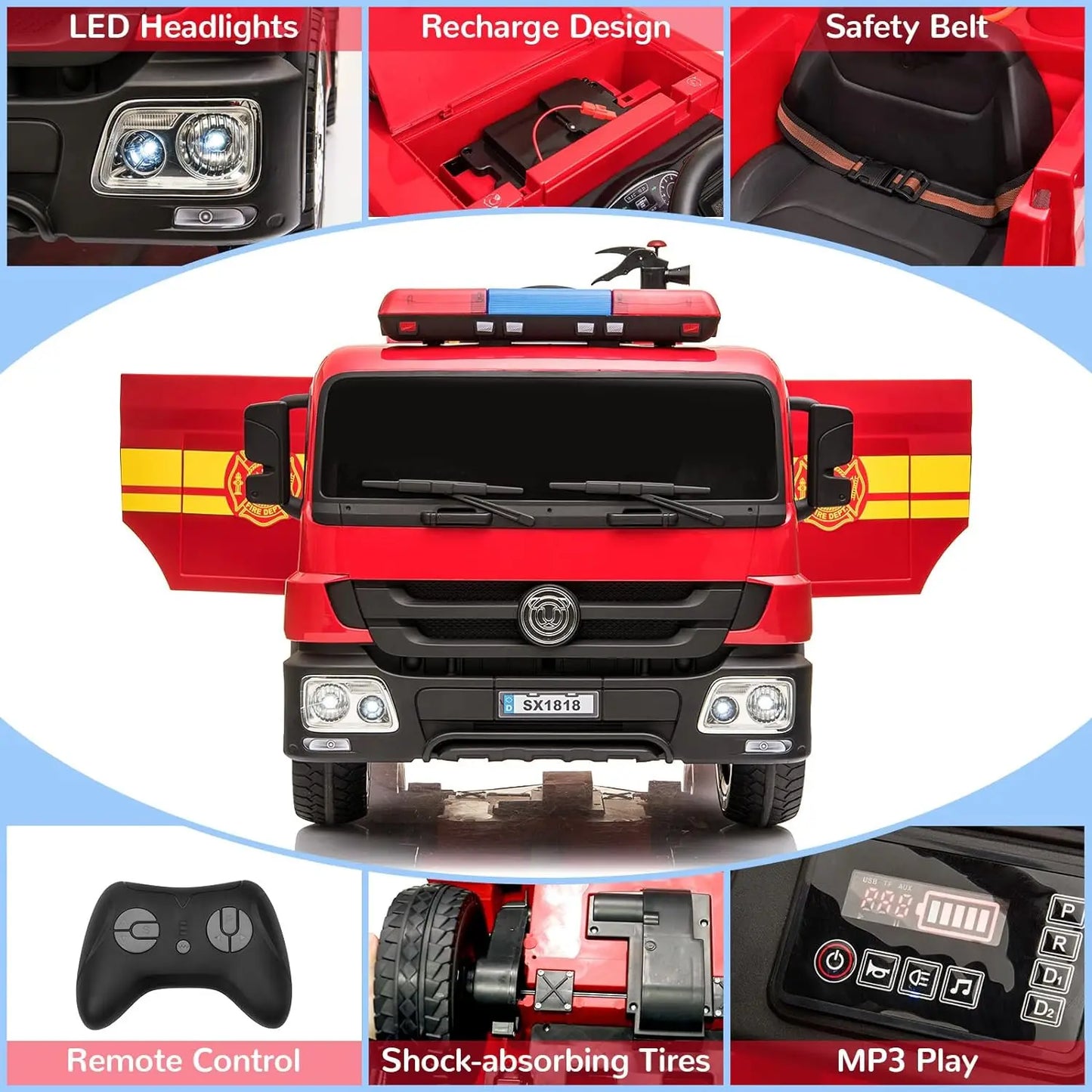 12V Kids Ride-On Fire Truck w/ Remote & Siren(Age: 2 -8Y )