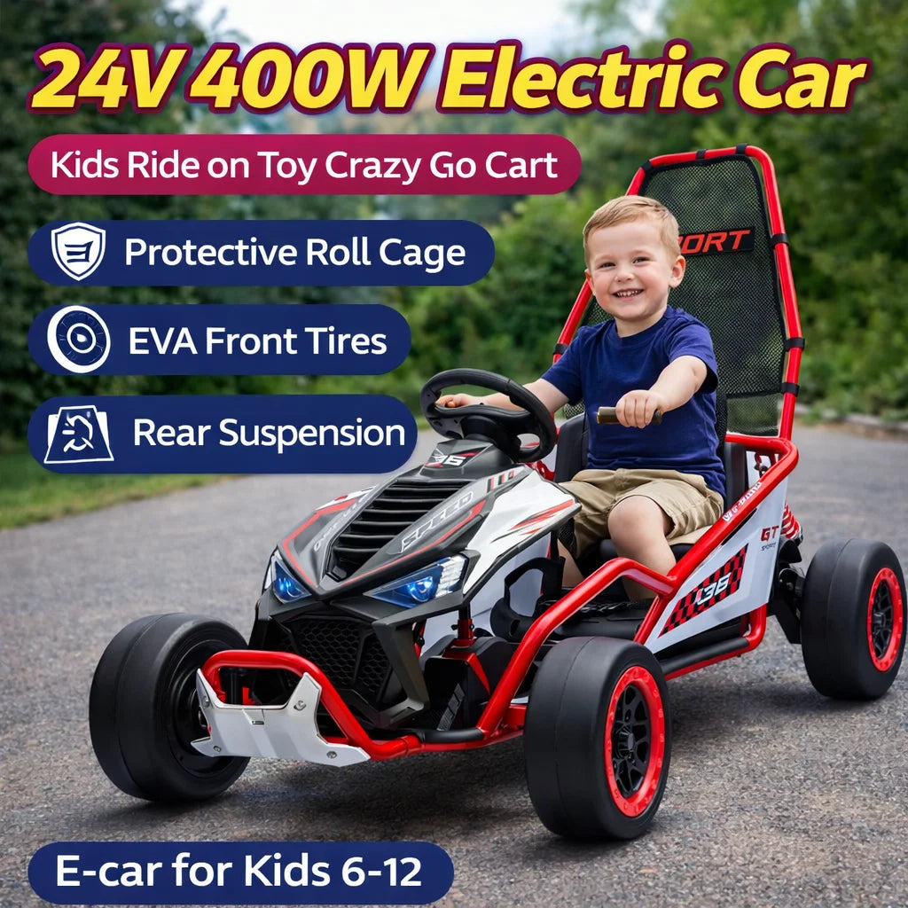 24V 400W Electric Ride On Crazy Go Kart W/Protective Roll Cage & EVA Tires(5 to 12 Years Kid)