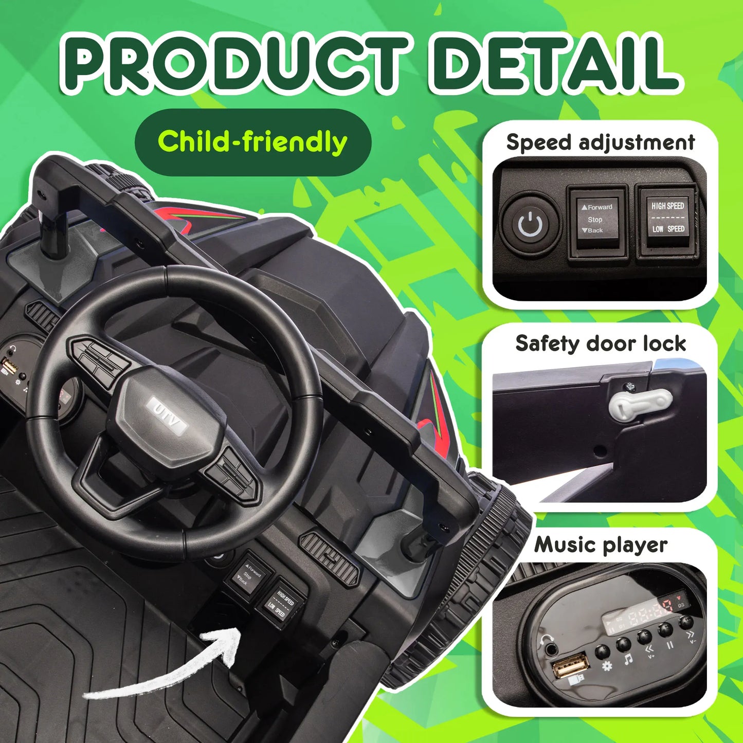 12V Electric UTV Ride-On Car | 2-Seater, Bluetooth & Remote | Kids Rider