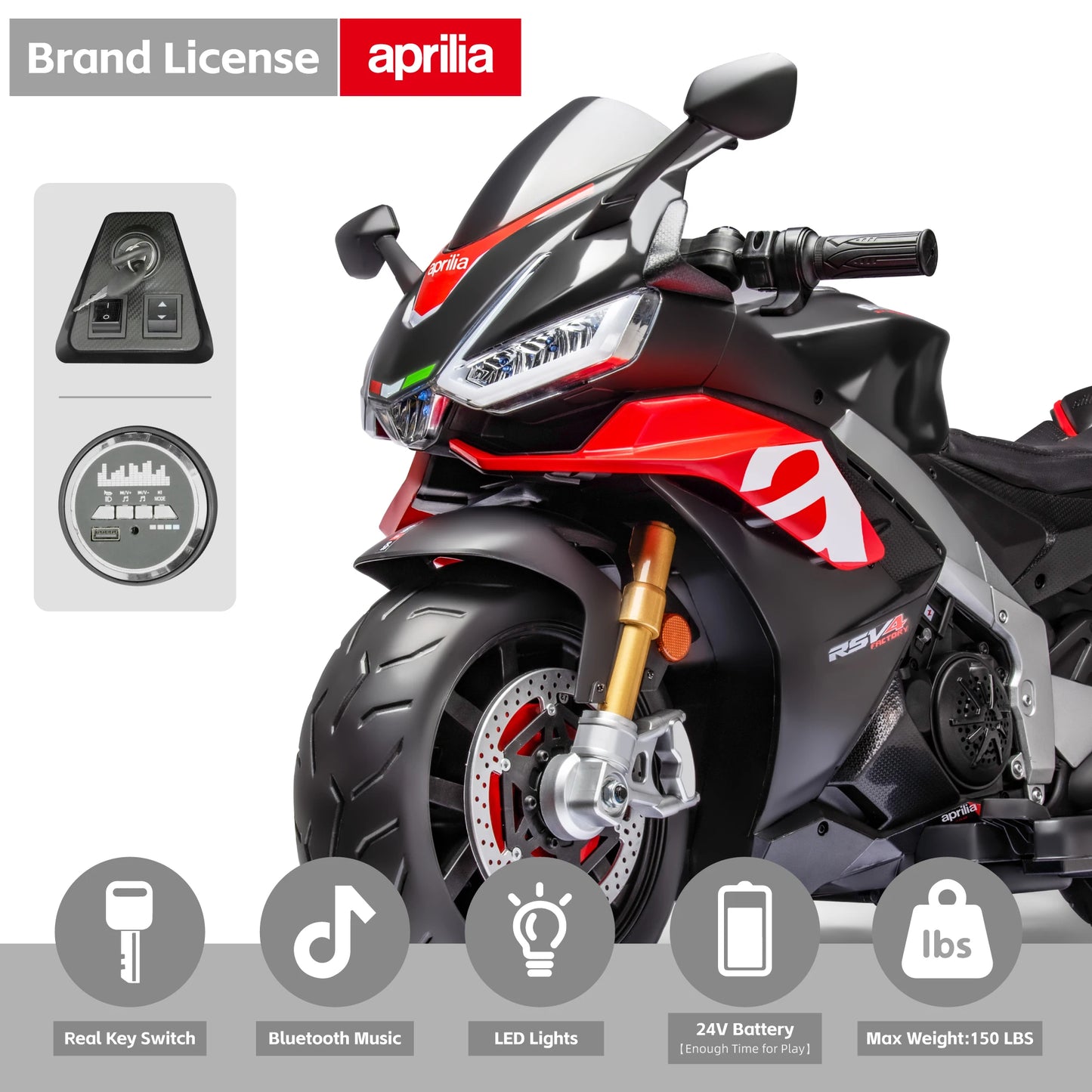 Aprilia Licensed 24V Kids Ride on Motorcycle w/LED Lights (Age: 4 to 12Y)