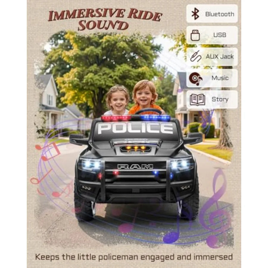 24V Licensed Ram 1500 RHO Police Ride On Car | 2 Seater Electric Truck with Parent Remote Control, Siren, Flashing Lights