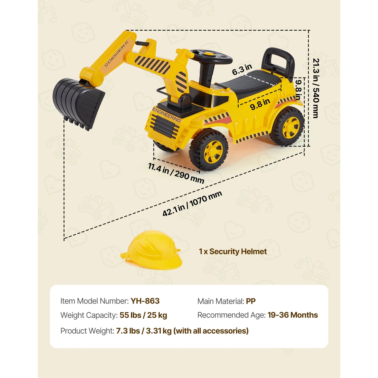 Toddler Ride-On Excavator | Foot-to-Floor Digger with Helmet | Kids Rider