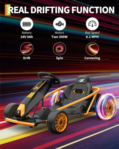 24V Kids Drift Go Kart 2x300W High-Speed 8.5 MPH | High Speed Drifting Car with Full Metal Body(Age: 5-12 Years)
