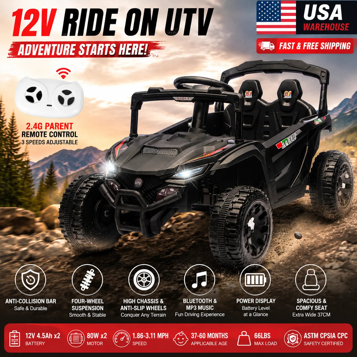 12V Electric UTV Ride-On Car | 2-Seater, Bluetooth & Remote | Kids Rider