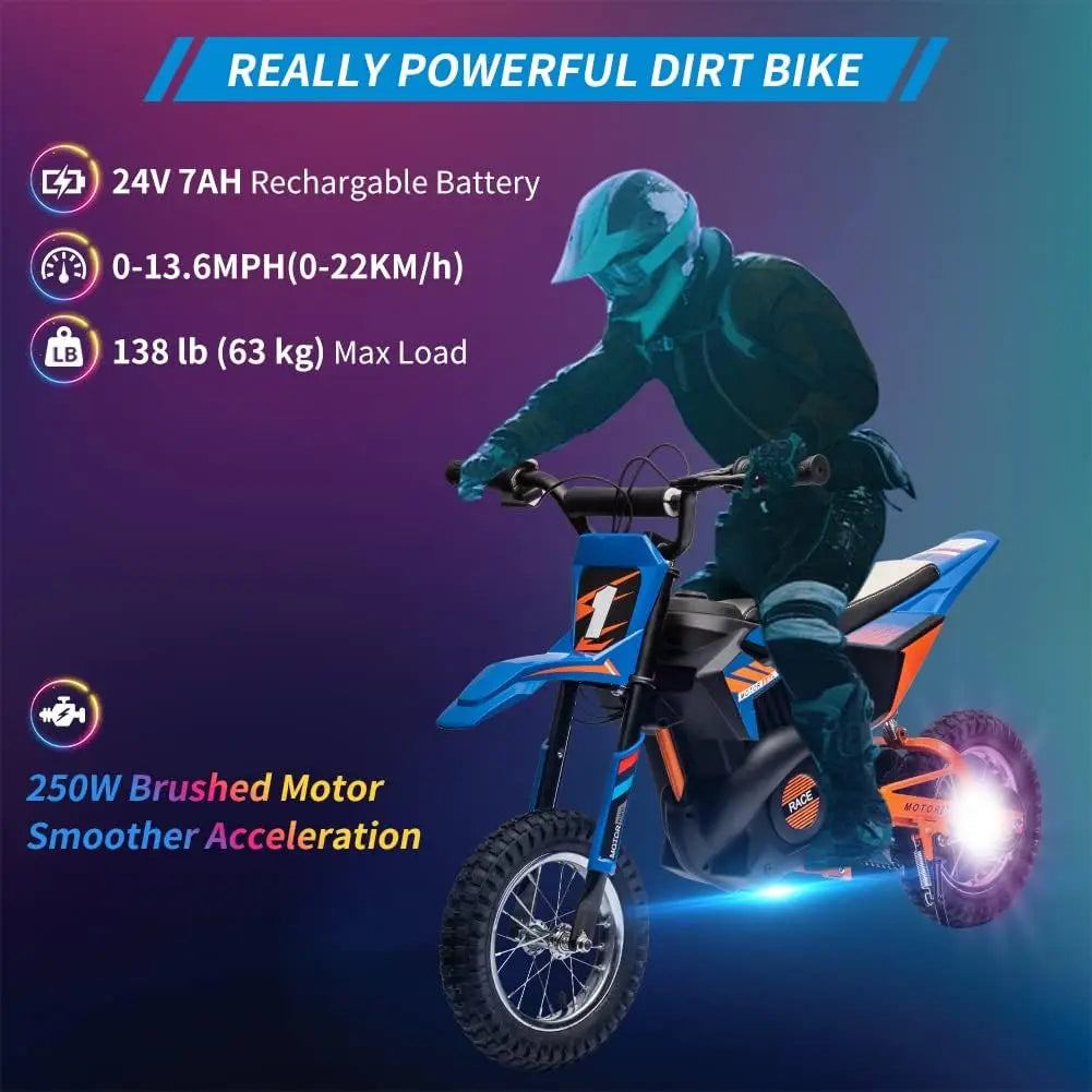 24V 250w Electric Dirt Bike for Kids | Off-Road Electric Motorcycle with Spring Suspension(Age: 6-15Y)