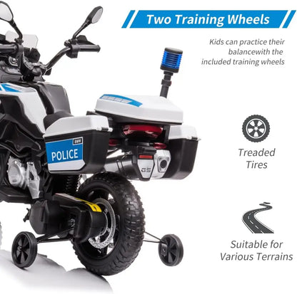 12V Kids Ride on Police Motorbike | Electric Cops Motorcycle with Training Wheels & Siren