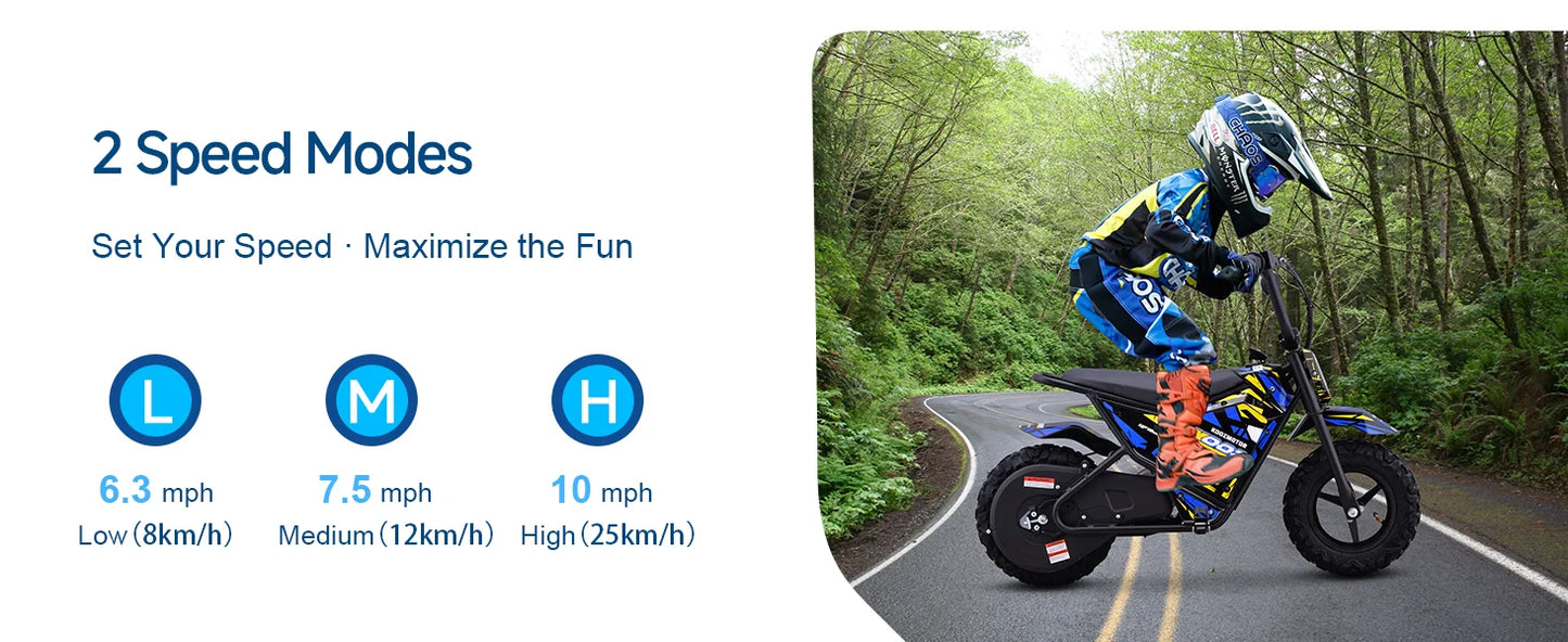 KOOZ HP120E 24V 250W Kids Electric Dirt Bike | Max Speed - 10 MPH & 7.5 Miles Range(Age: 5+)