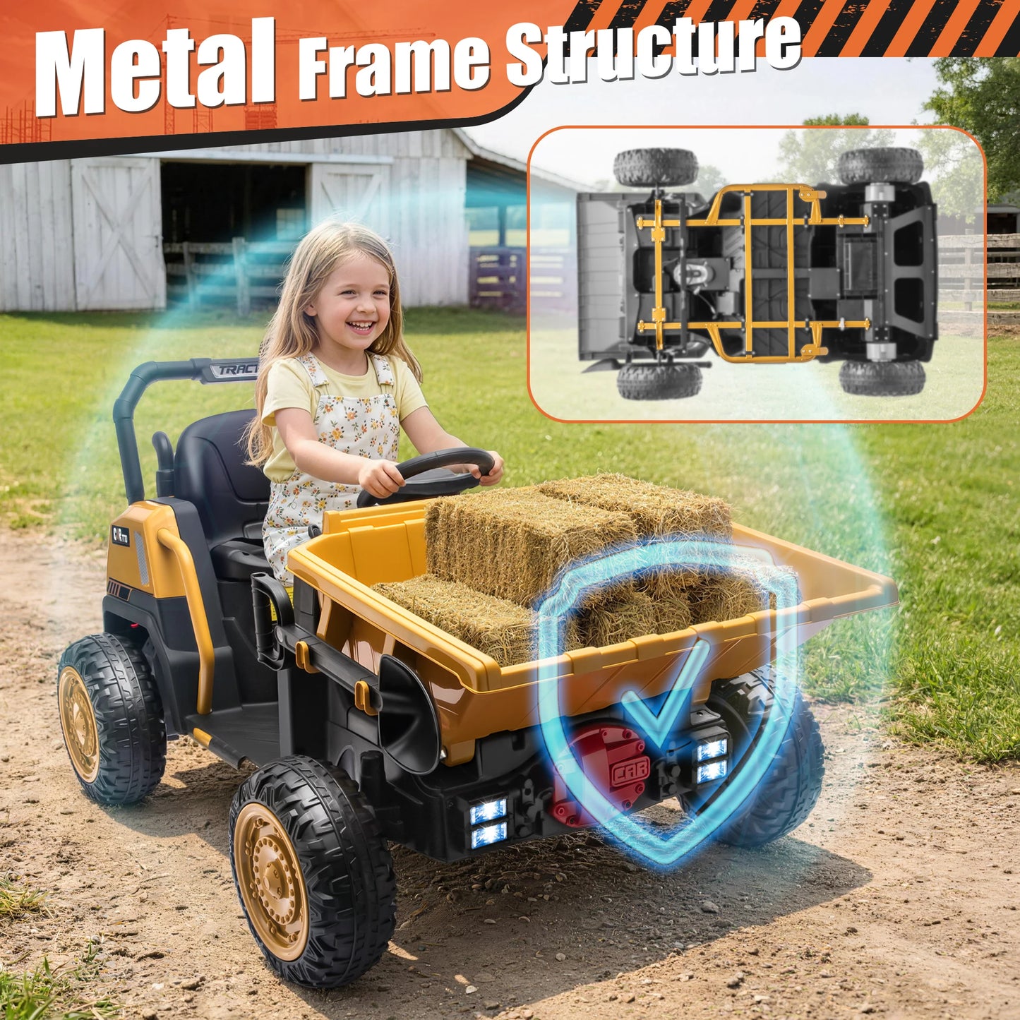 24V Kids Ride-On Dump Truck w/ Remote, Metal Frame , Dump Bed & Shovel (Age: 3 to 9Y)