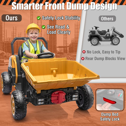 24V Kids Ride-On Dump Truck w/ Remote, Metal Frame , Dump Bed & Shovel (Age: 3 to 9Y)