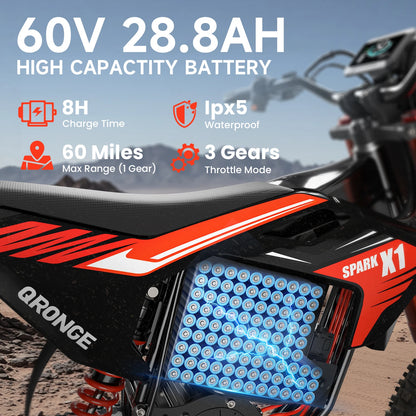 QRONGE X1 Spark 60V - 4500W Electric Dirt Bike for Teens & Adults | 50MPH w/Fat Tire Electric Motorcycle