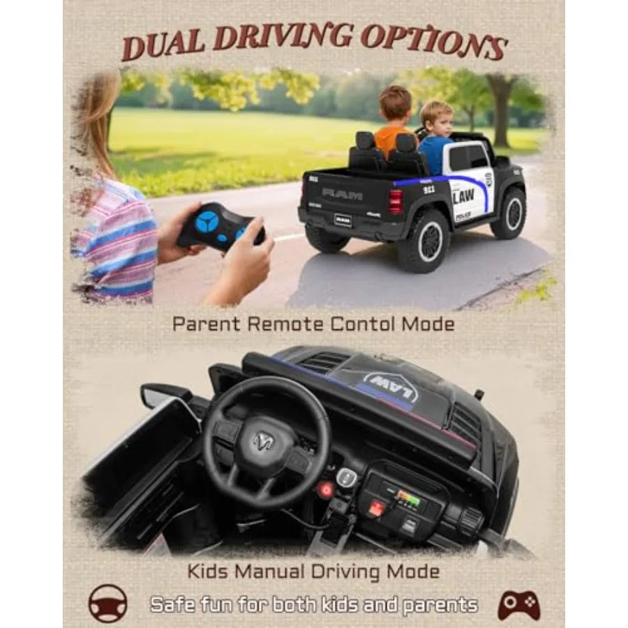 24V Licensed Ram 1500 RHO Police Ride On Car | 2 Seater Electric Truck with Parent Remote Control, Siren, Flashing Lights
