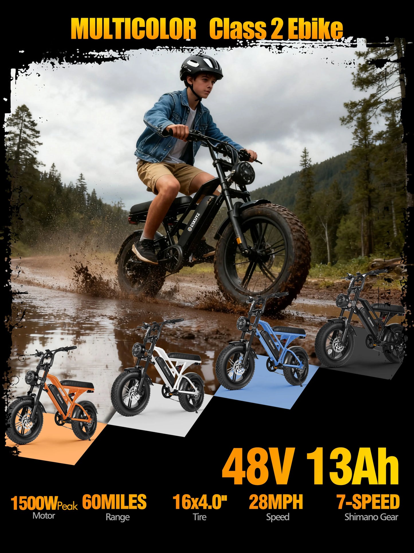 ESKUTE V100 Electric Dirt Bike | 1500W Peak | 48V 13Ah | 28 MPH| 60-Mile Range | Kids Rider
