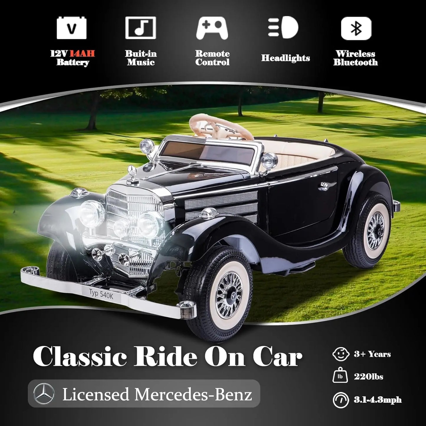 12V Mercedes-Benz Vintage Kids Ride-On Car w/ Remote – 220lbs